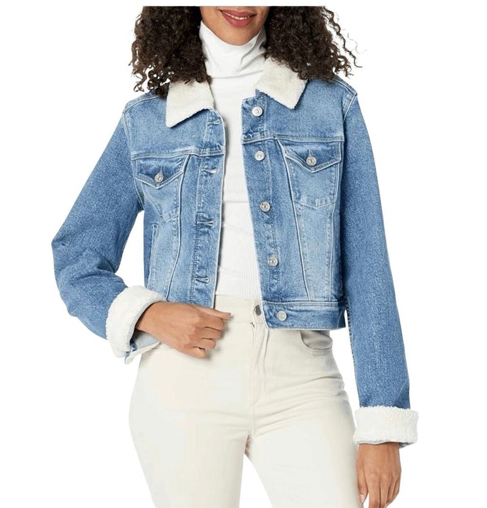 PAIGE $249 Vivienne Crop Denim Jacket Faux Shearling Valerie Distressed Small NE
